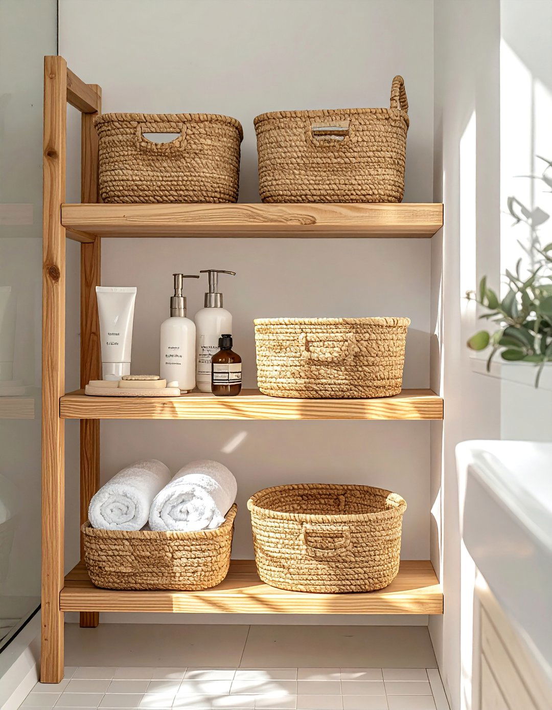 Japandi Bathroom with Woven Storage Baskets - 40 Japandi Bathroom Ideas for Minimalist Style