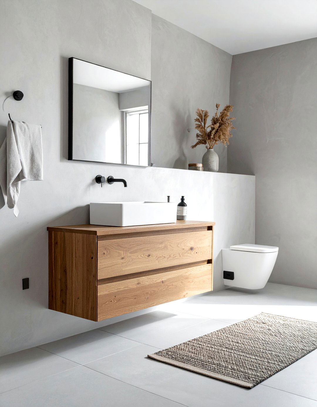 Japandi Bathroom with a Floating Oak Vanity - 40 Japandi Bathroom Ideas for Minimalist Style