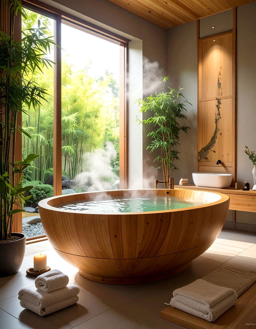 Japandi Bathroom with a Hinoki Wood Soaking Tub - 40 Japandi Bathroom Ideas for Minimalist Style