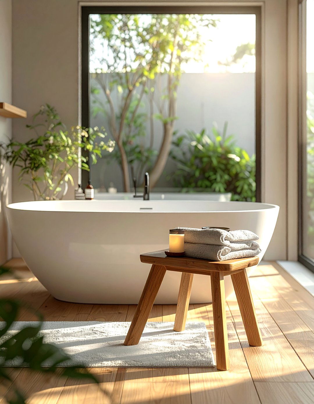 Japandi Bathroom with a Low Profile Wooden Stool - 40 Japandi Bathroom Ideas for Minimalist Style