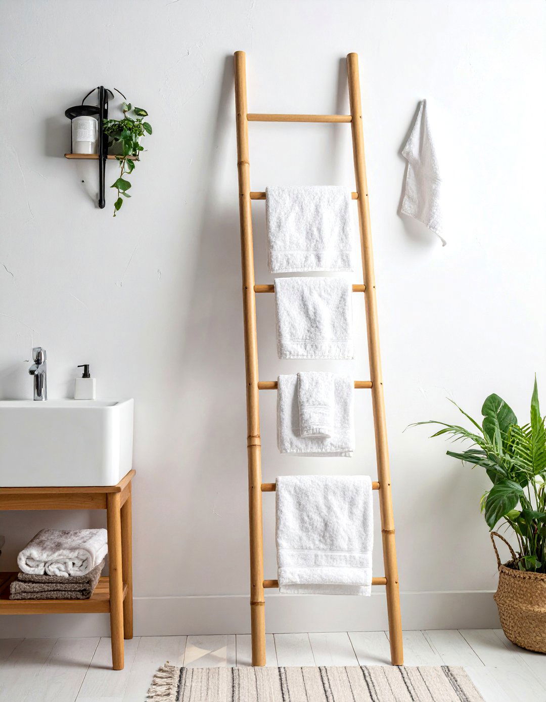 Japandi Bathroom with a Minimalist Towel Ladder - 40 Japandi Bathroom Ideas for Minimalist Style