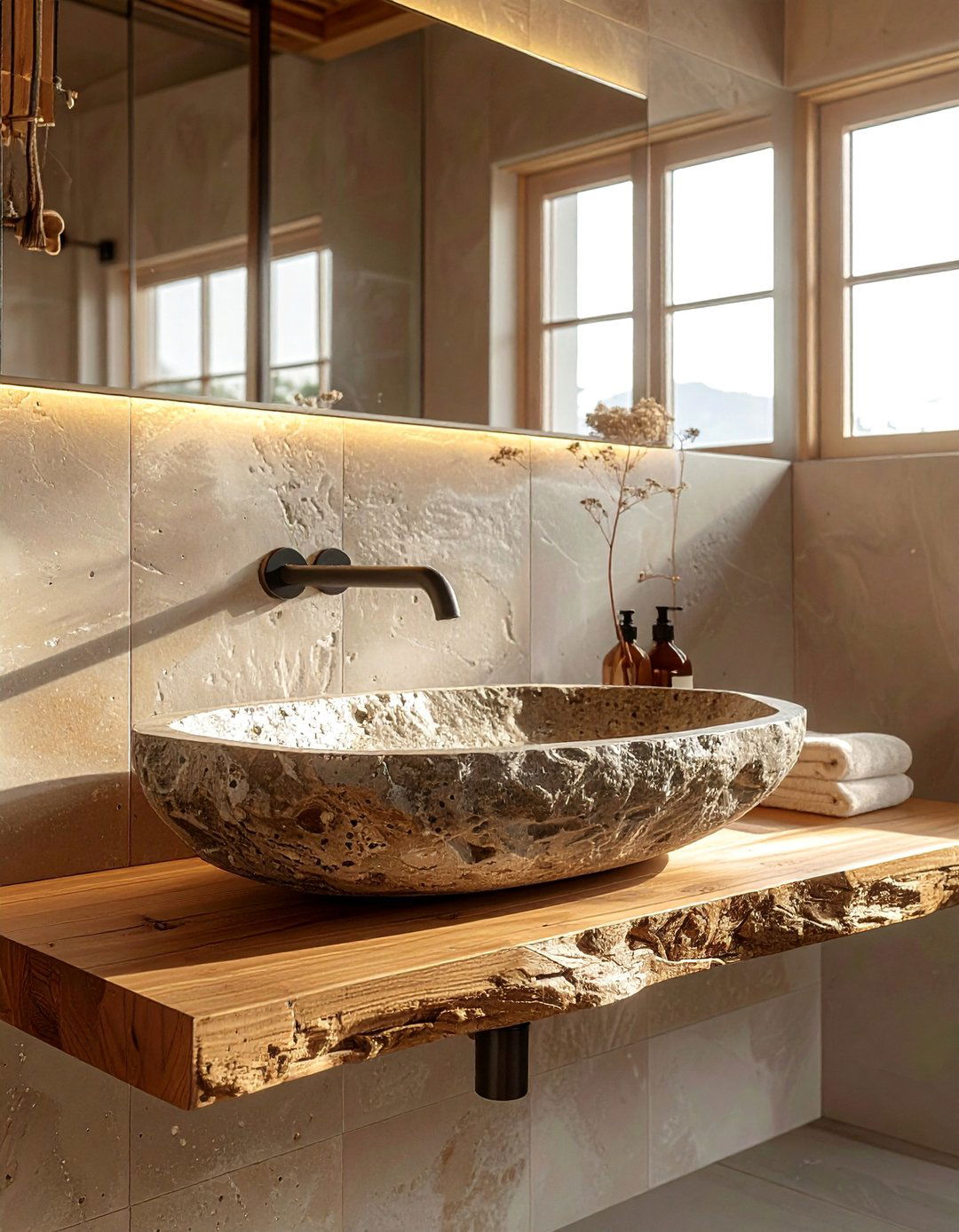 Japandi Bathroom with a Natural Stone Basin - 40 Japandi Bathroom Ideas for Minimalist Style
