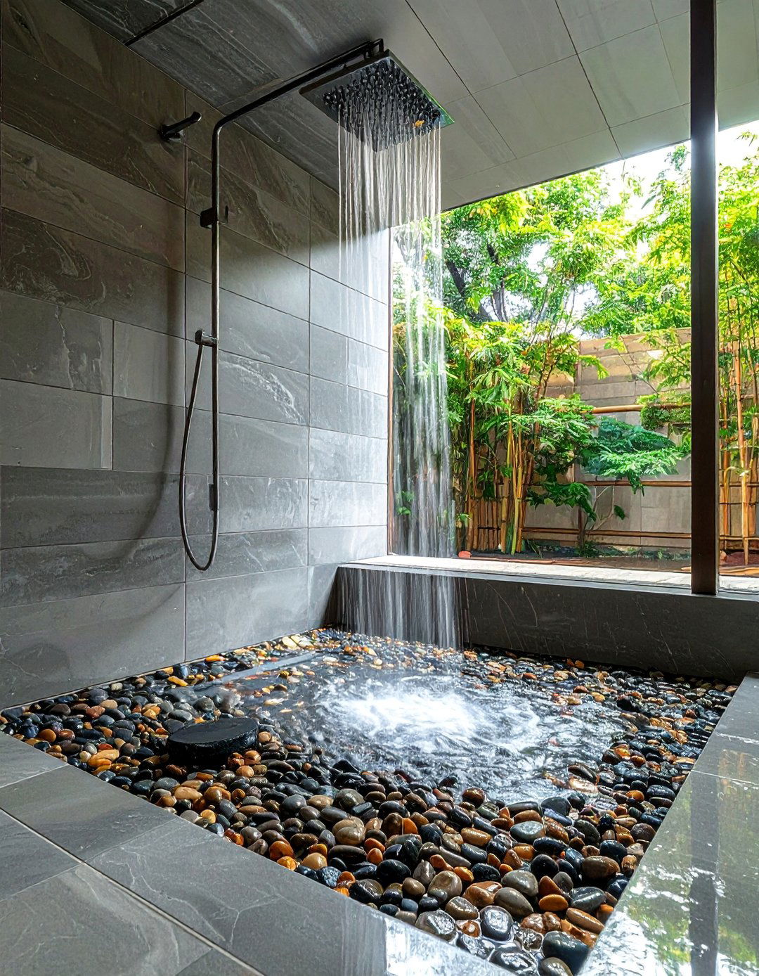 Japandi Bathroom with a Pebble Tile Shower Floor - 40 Japandi Bathroom Ideas for Minimalist Style