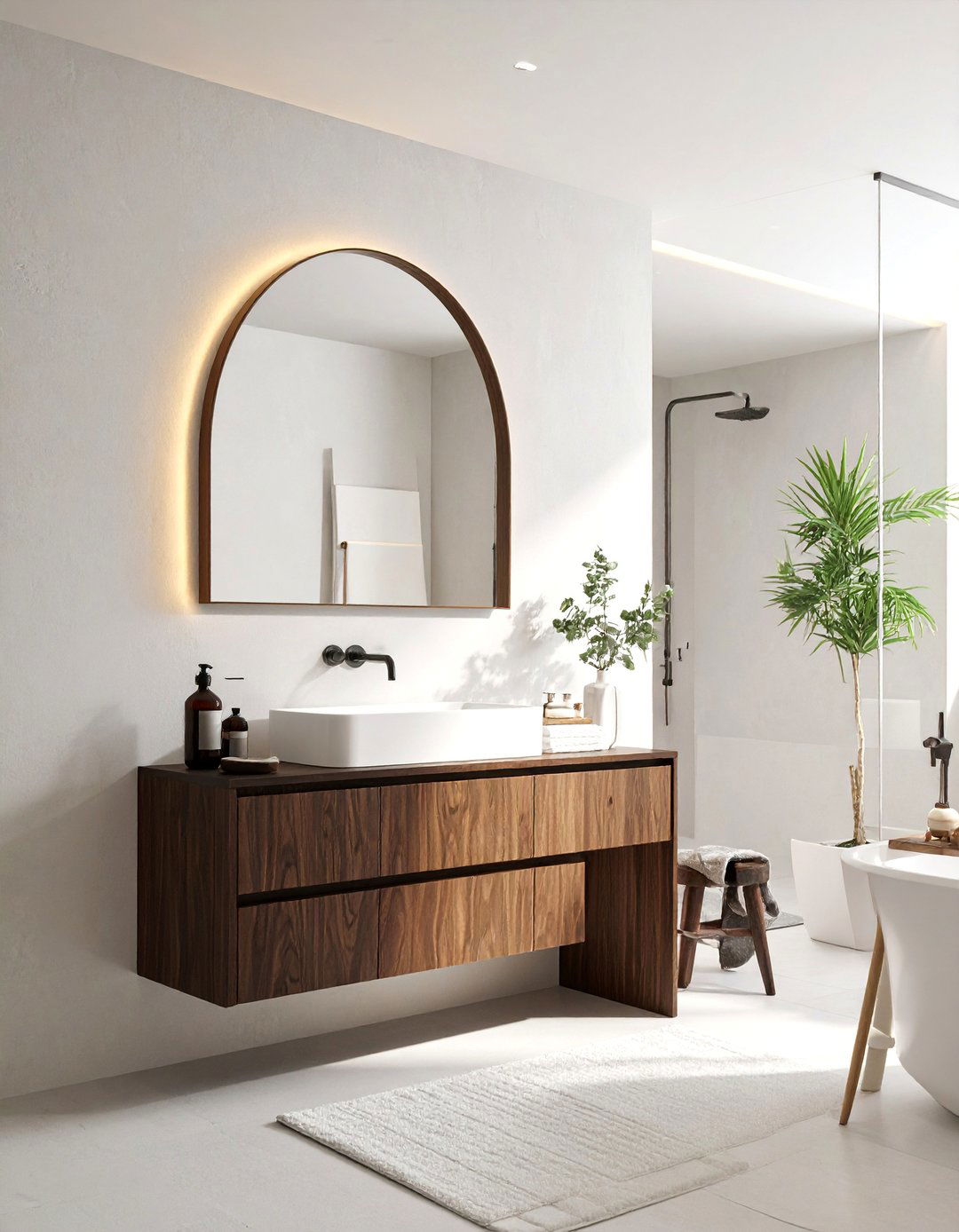 Japandi Bathroom with a Simple Unframed Arch Mirror - 40 Japandi Bathroom Ideas for Minimalist Style