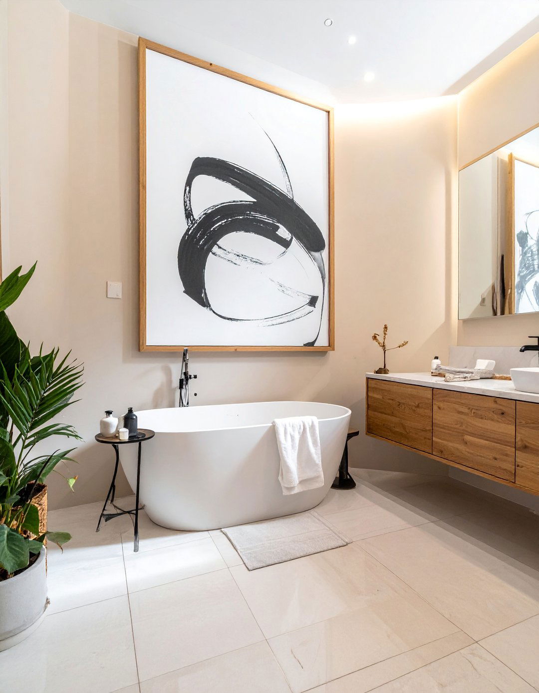 Japandi Bathroom with a Single Tranquil Art Piece - 40 Japandi Bathroom Ideas for Minimalist Style