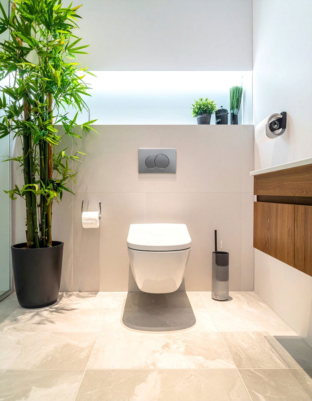 Japandi Bathroom with a Wall Mounted Toilet - 40 Japandi Bathroom Ideas for Minimalist Style