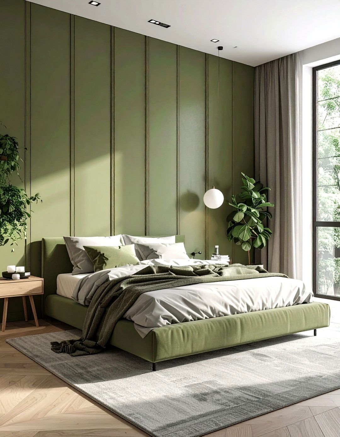 Khaki Green Floor to Ceiling Panelling - 20 Green Panelling Bedroom Ideas for a Fresh Look