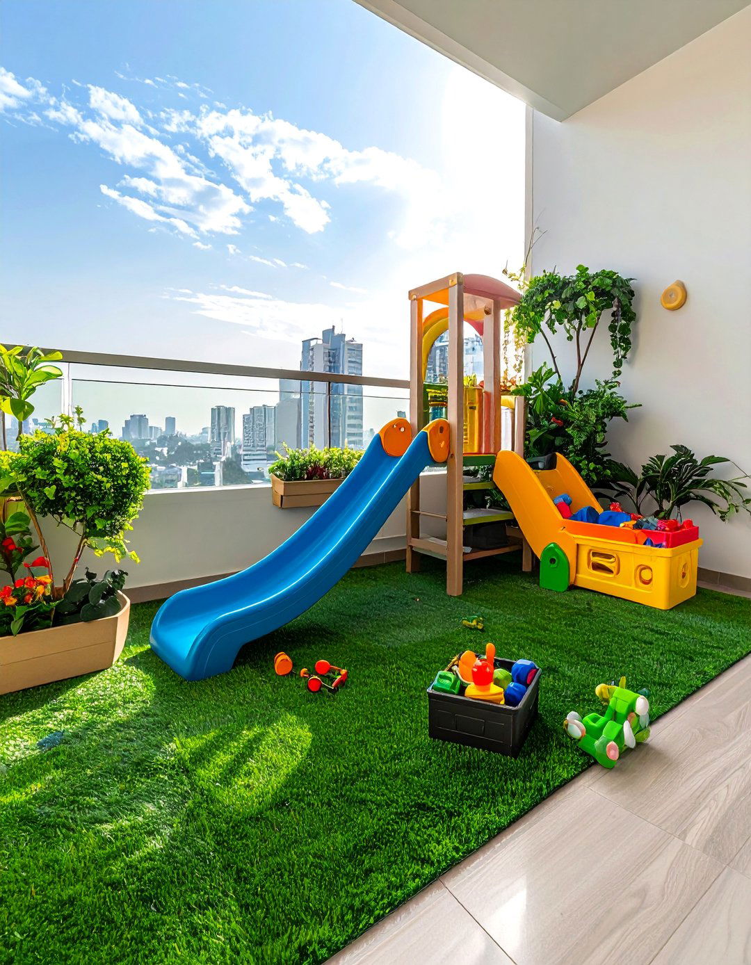 Kids Play Area on an Artificial Grass Balcony - 20 Artificial Grass Balcony Design Ideas for Urban Spaces