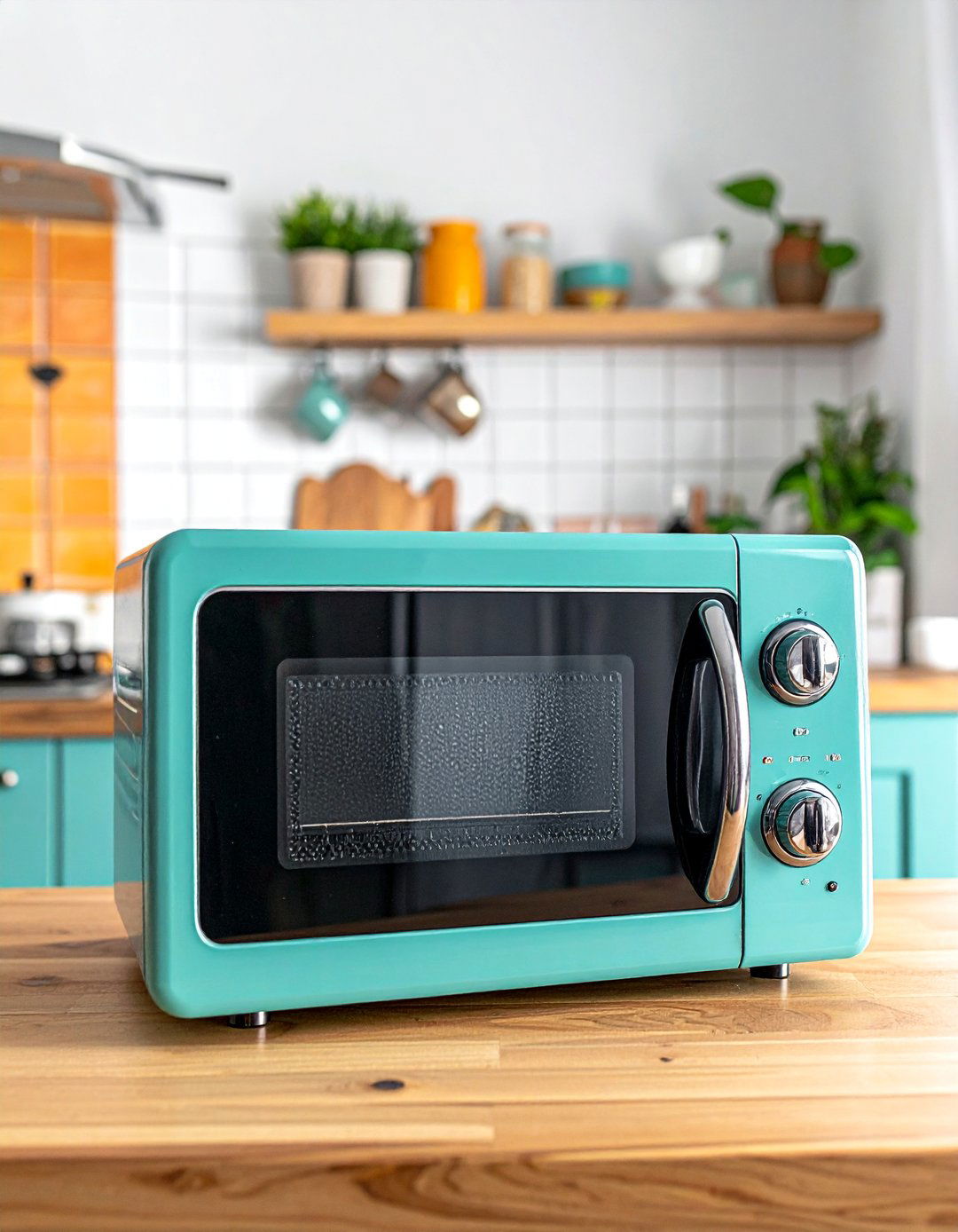 Kitchens with a Teal Retro Microwave - 25 Kitchens With Colored Appliances Ideas for Fun