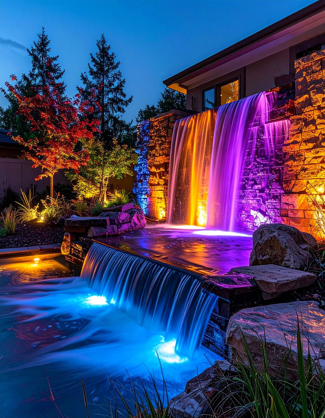 LED Color Changing Waterfall Display - 15 Pondless Waterfall Ideas for Low-Maintenance Beauty