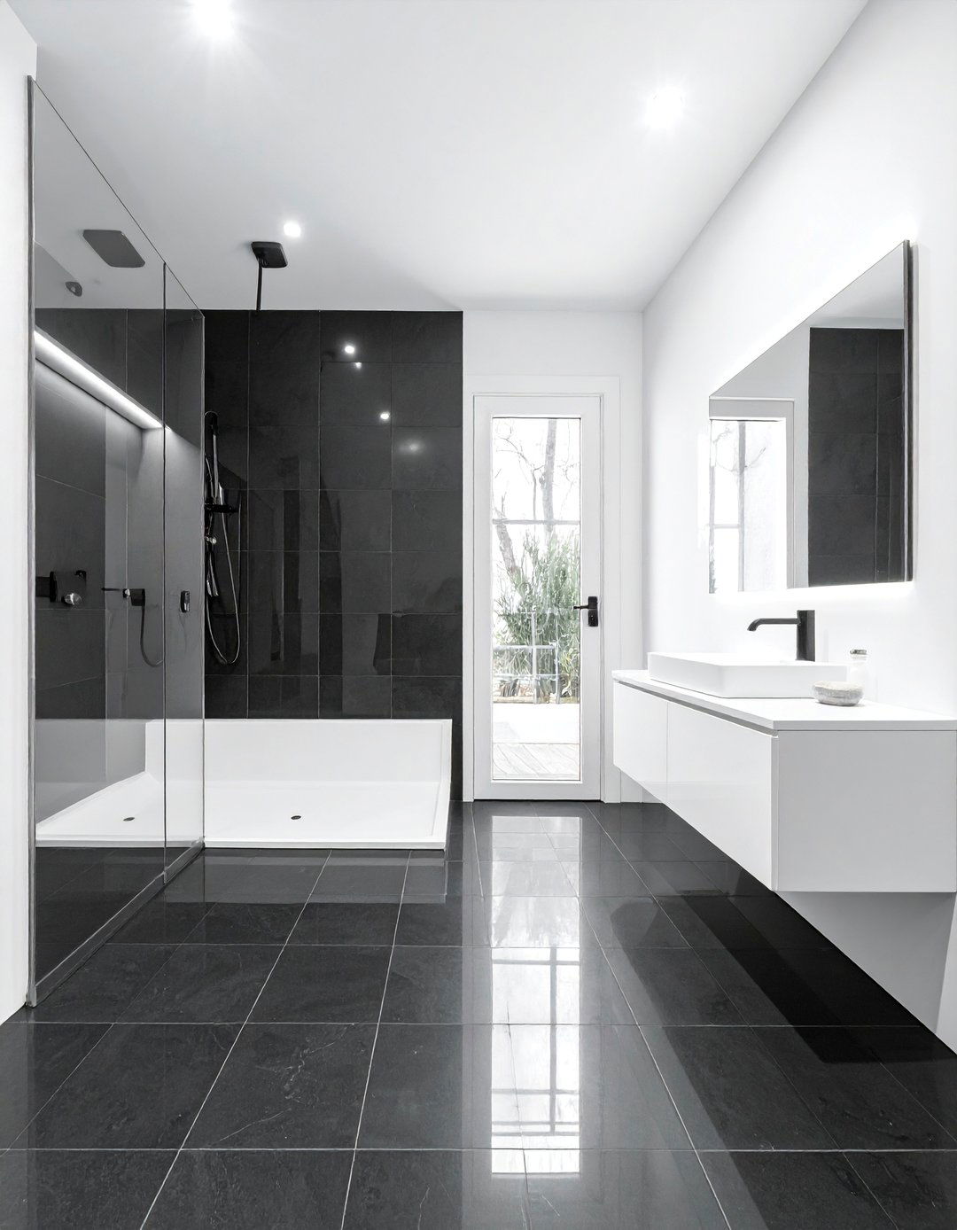Large Format Black Tile Bathroom Floor - 20 Black Floor Bathroom Ideas with White Walls