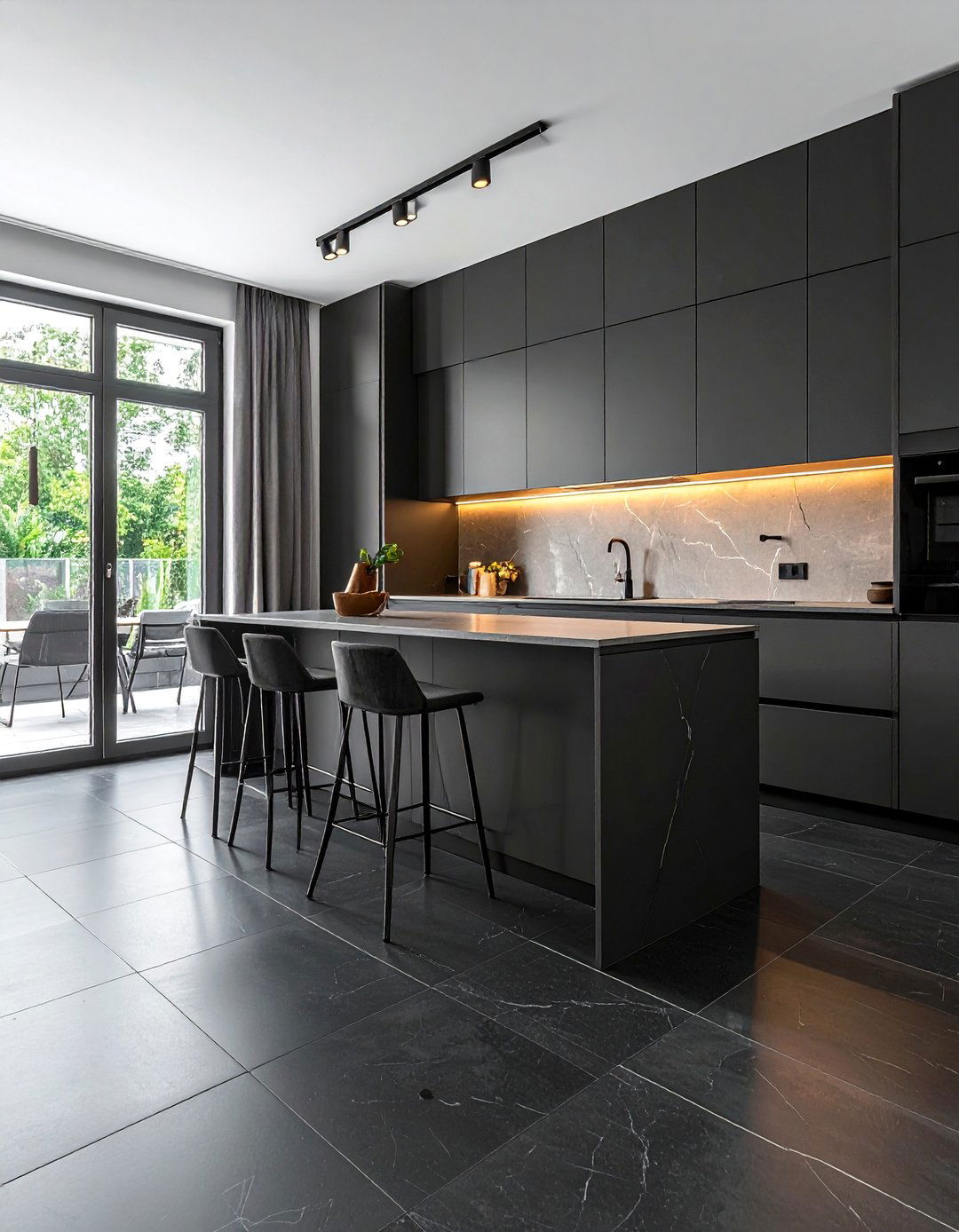 Large Format Black Tiles Minimalist Modern - 20 Black Floor Kitchen Ideas for a Sleek and Modern Look