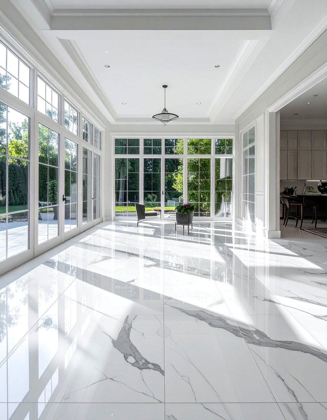 Large Format Marble Look Tiles - 15 Sunroom Tile Floor Ideas for a Bright and Cozy Space