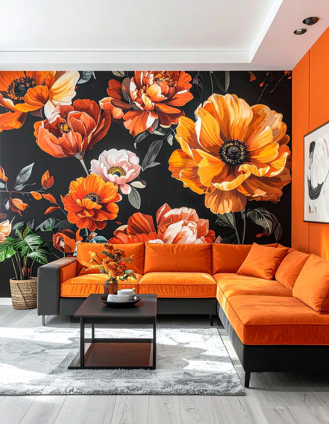 Large Scale Floral Wallpaper in a Black and Orange Living Room - 20 Black and Orange Living Room Ideas for Bold Interiors