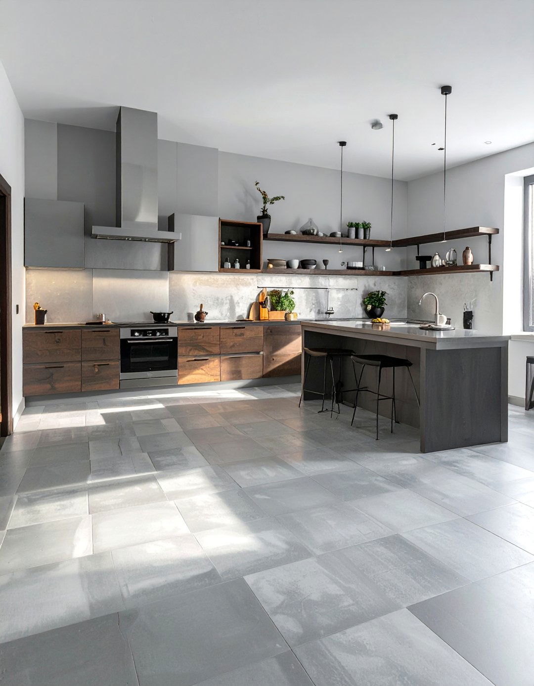 Large Scale Neutral Concrete Checkered Floors - 25 Kitchens With Checkered Floors for Timeless Style