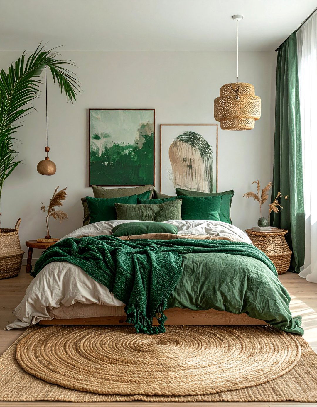 Layered Green Textiles with a Natural Jute Rug - 20 Green and Brown Bedroom Ideas for a Natural Look
