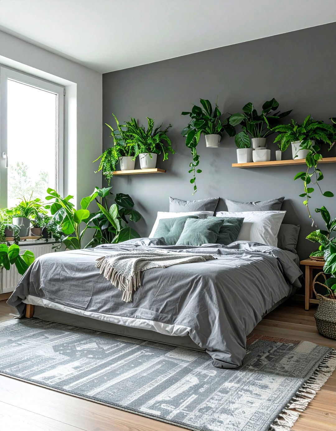 Layered Grey Tones with Abundant Green Plants - 20 Green and Grey Bedroom Ideas for a Serene Retreat