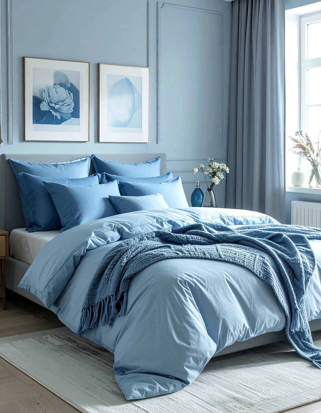 Layered Light Blue Bedding for a Monochromatic Look - 25 Light Blue Bedroom Ideas for a Calming Retreat