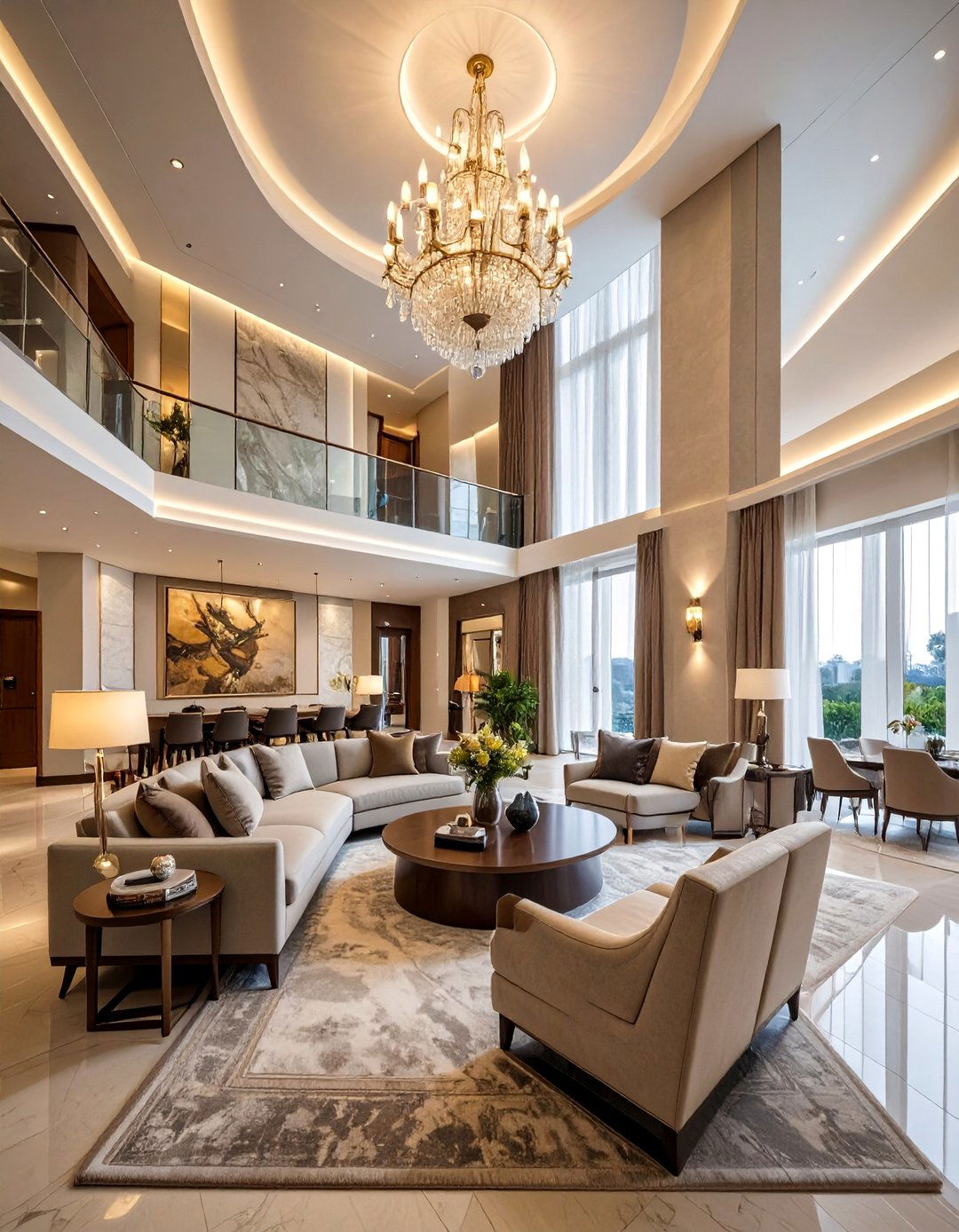 Layered Lighting Systems - 25 High Ceiling Living Room Ideas to Maximize Your Space