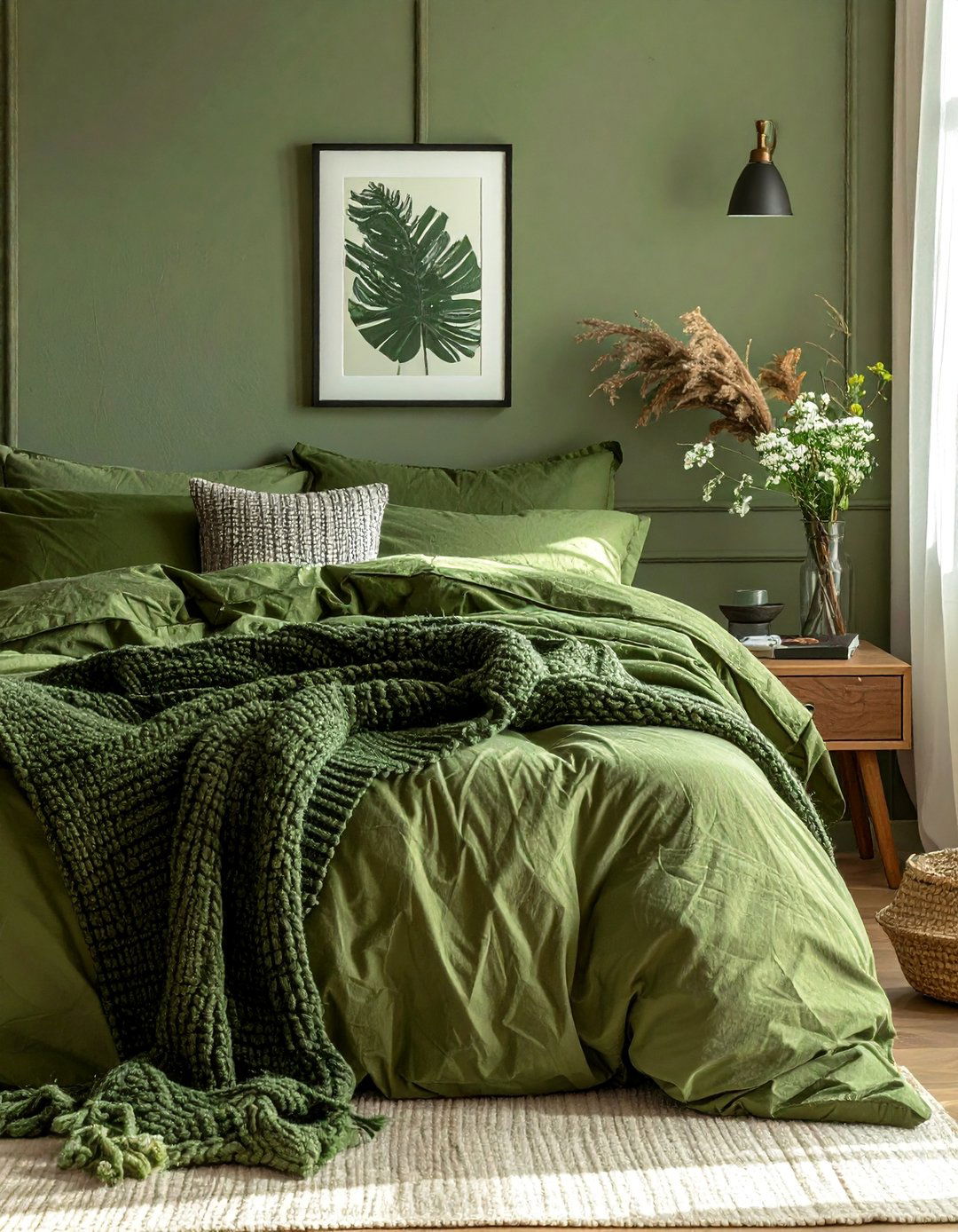 Layered Olive Green Bedding and Textiles - 25 Olive Green Bedroom Ideas for a Sophisticated Look