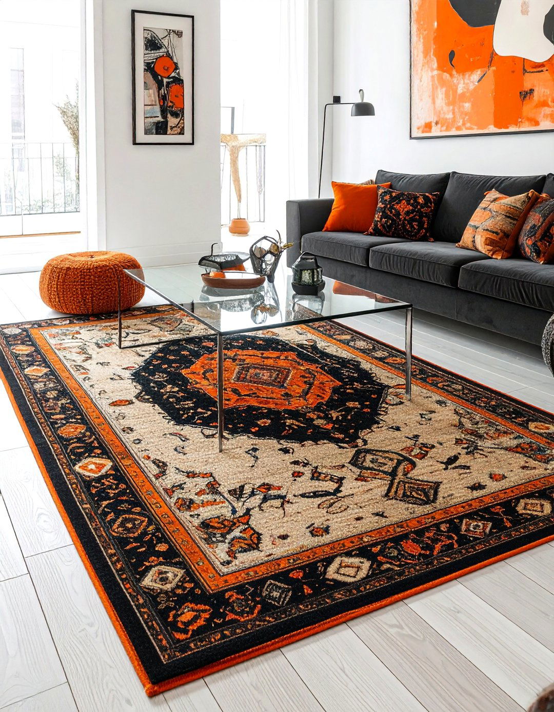 Layered Rugs in a Black and Orange Living Room - 20 Black and Orange Living Room Ideas for Bold Interiors
