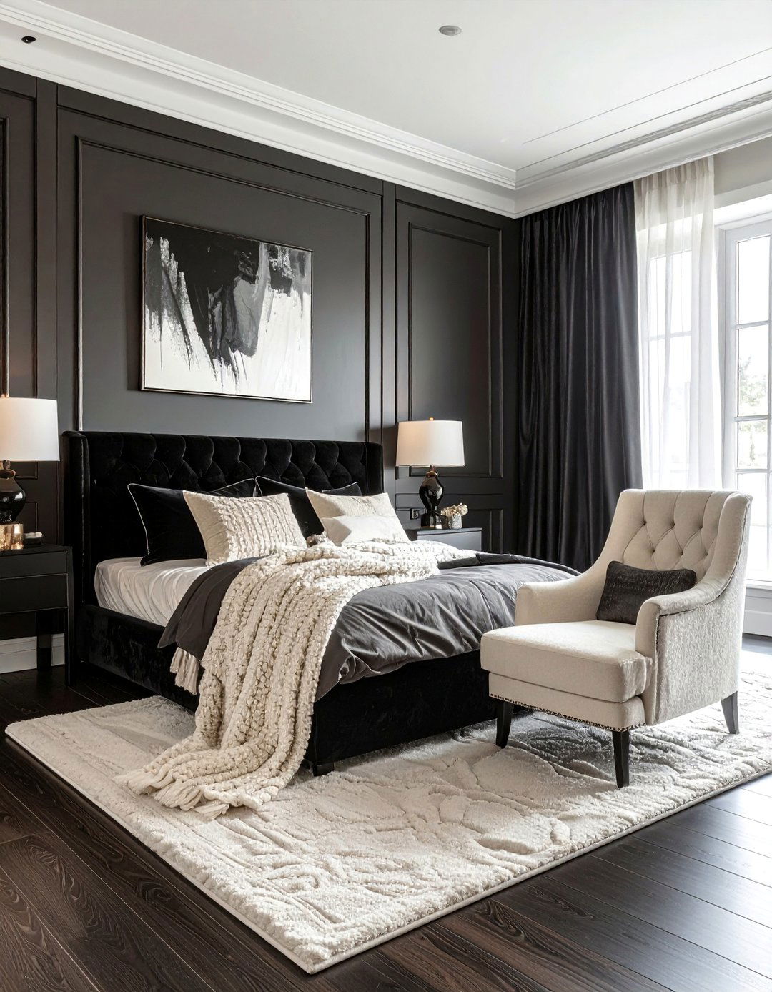 Layered Textures in a Cream and Black Bedroom - 35 Cream and Black Bedroom Ideas for Elegant Style