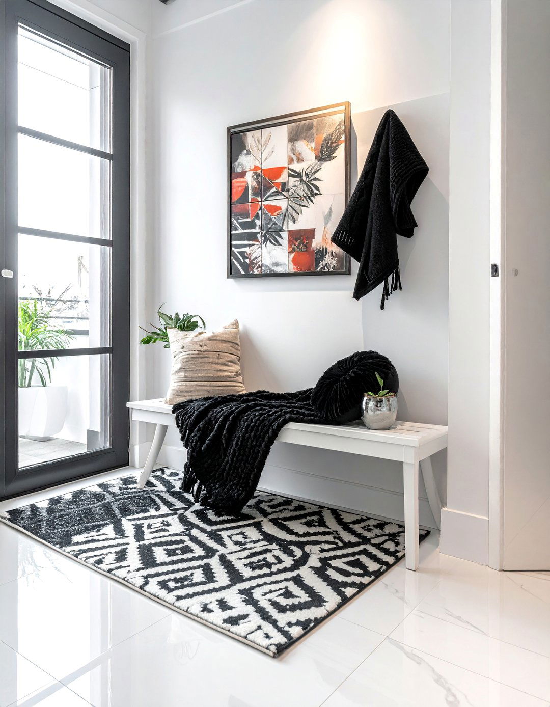 Layered Textures with Black and White Textiles - 20 Black and White Hallway Ideas for a Modern Look