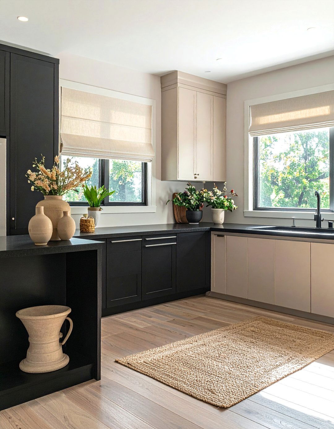 Layering Beige Textiles and Decor - 20 Black and Beige Kitchen Ideas for a Timeless Design