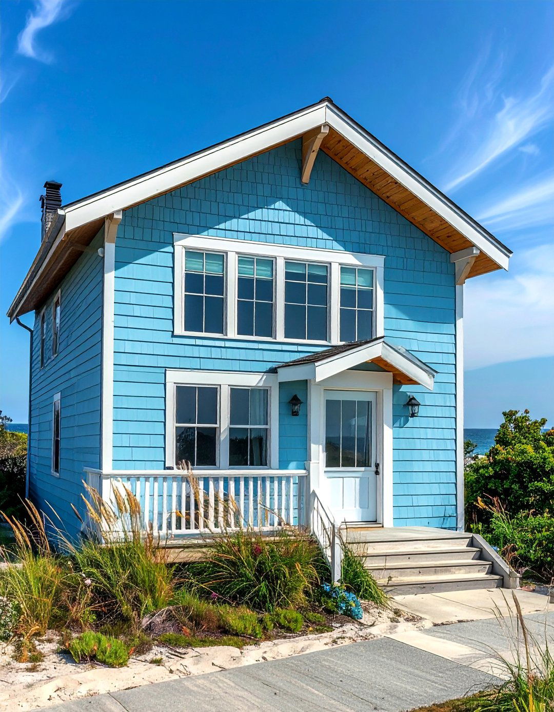 Light Blue Beach House with Natural Wood Shingles - 25 Light Blue House Exterior Ideas for Curb Appeal