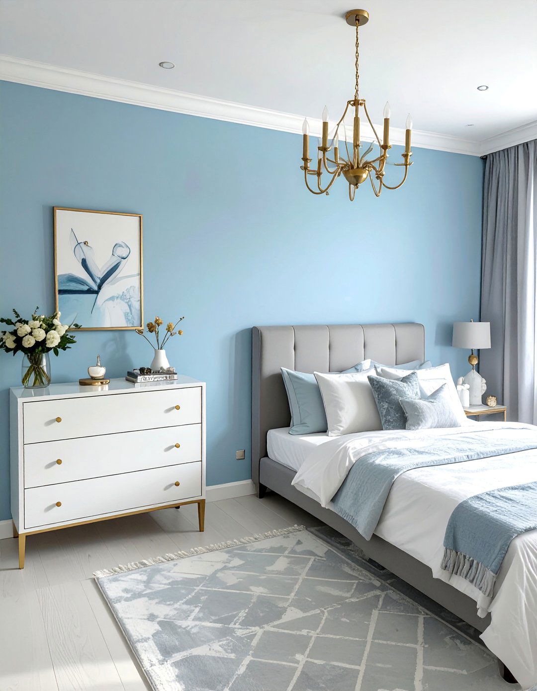 Light Blue Bedroom with Brushed Gold Fixtures - 25 Light Blue Bedroom Ideas for a Calming Retreat