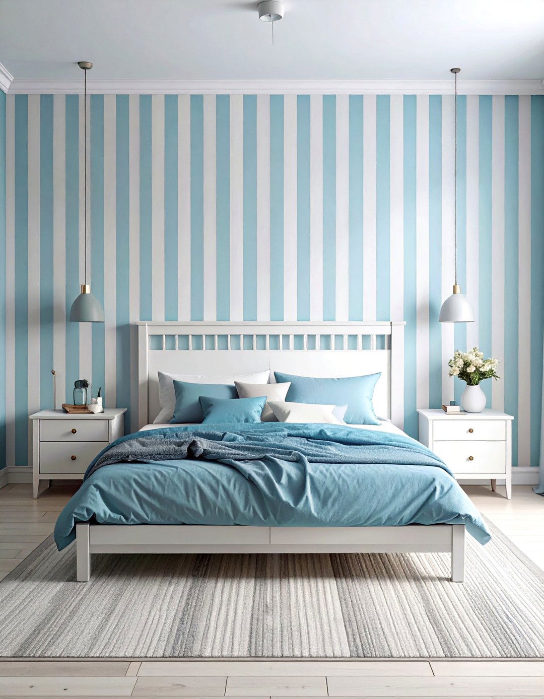 Light Blue Bedroom with Vertical Stripe Wallpaper - 25 Light Blue Bedroom Ideas for a Calming Retreat