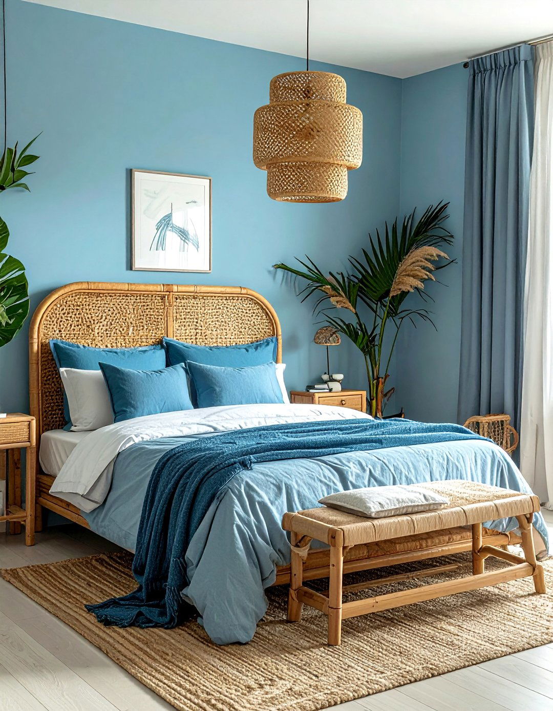 Light Blue Bedroom with Woven Rattan Accents - 25 Light Blue Bedroom Ideas for a Calming Retreat