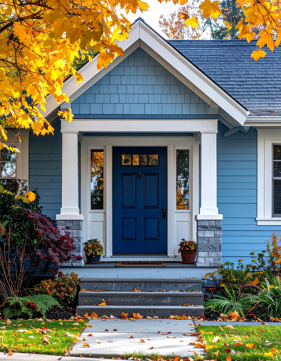 Light Blue Bungalow with a Deep Navy Front Door - 25 Light Blue House Exterior Ideas for Curb Appeal