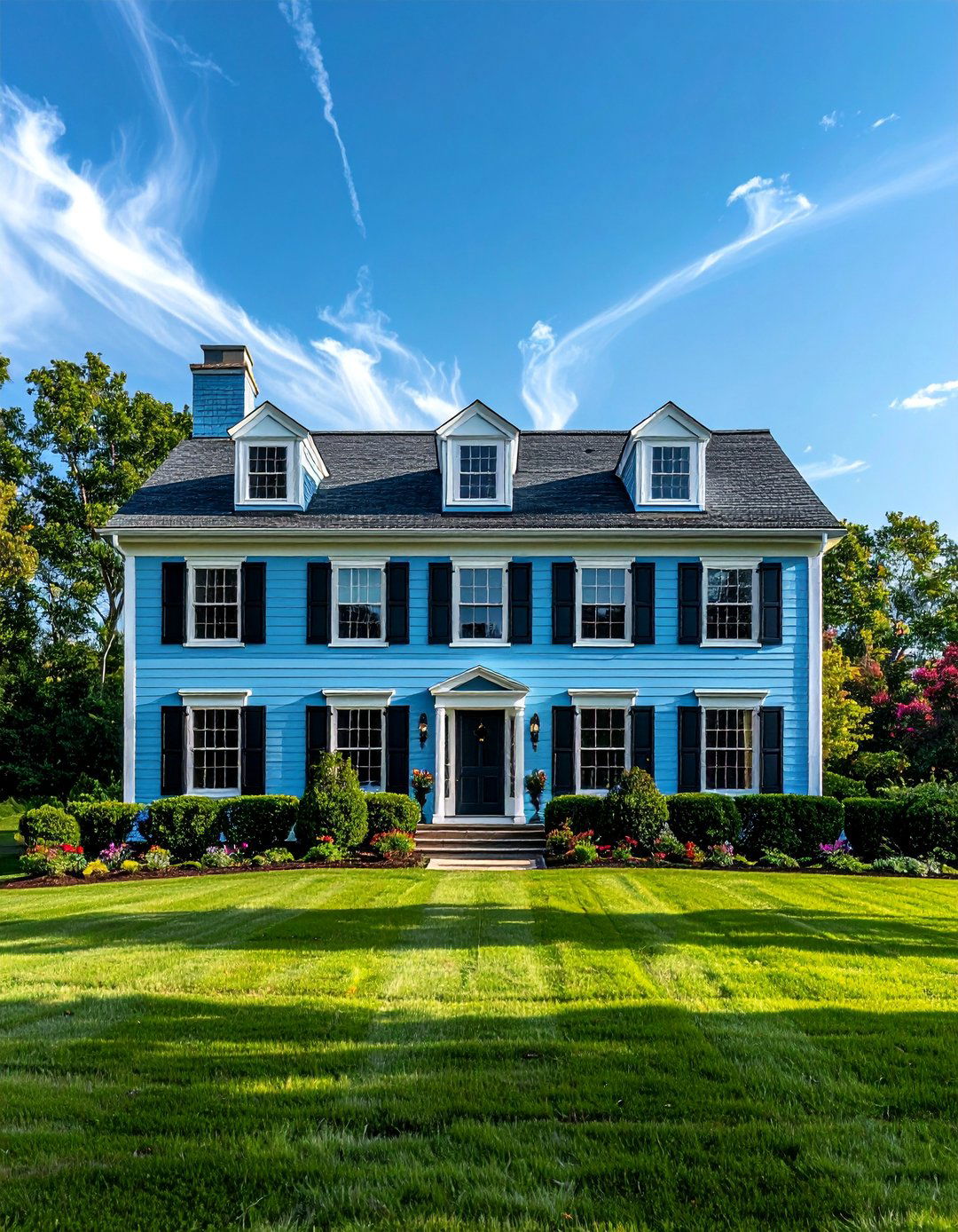 Light Blue Colonial with Symmetrical Black Shutters - 25 Light Blue House Exterior Ideas for Curb Appeal