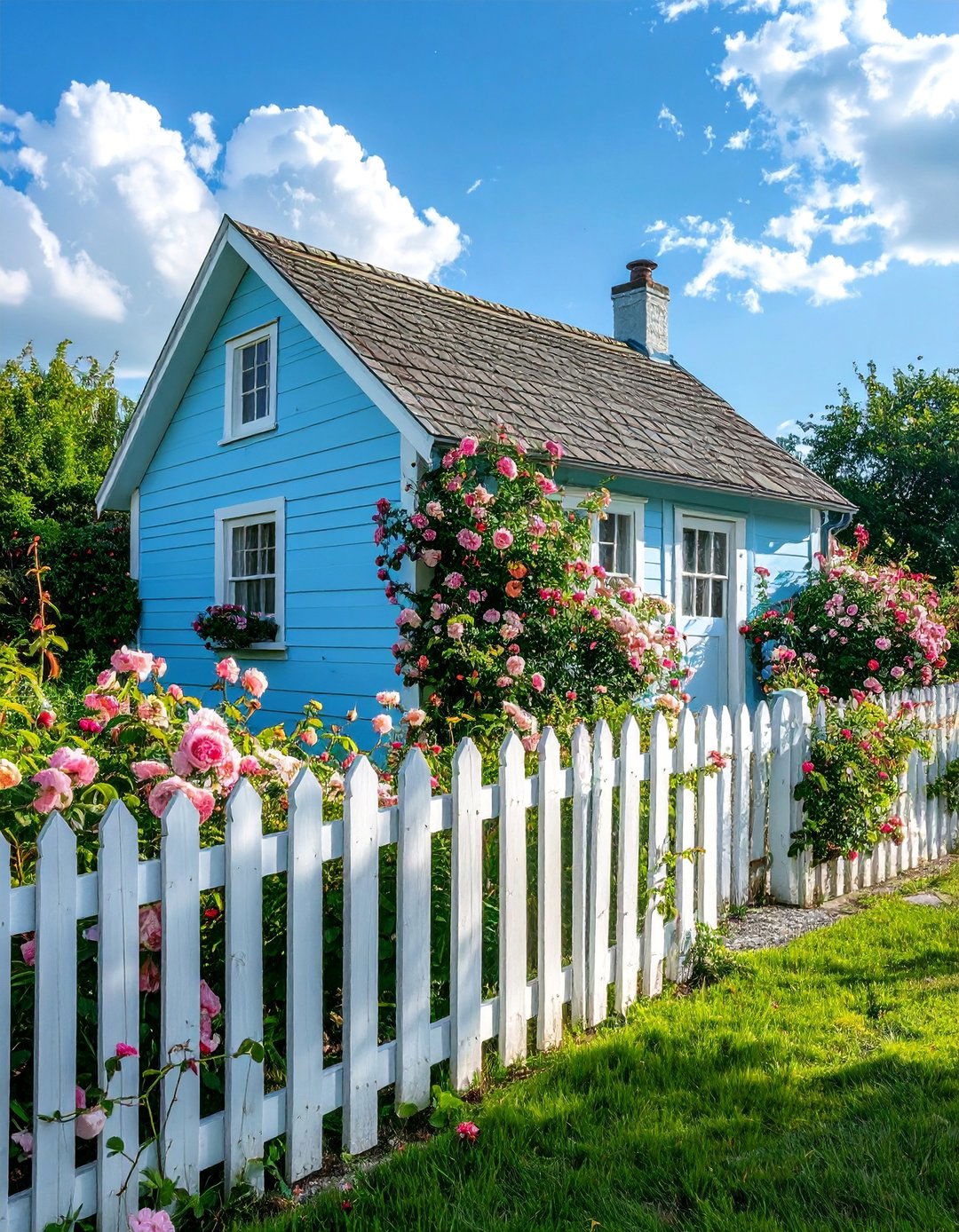Light Blue Cottage with a White Picket Fence - 25 Light Blue House Exterior Ideas for Curb Appeal