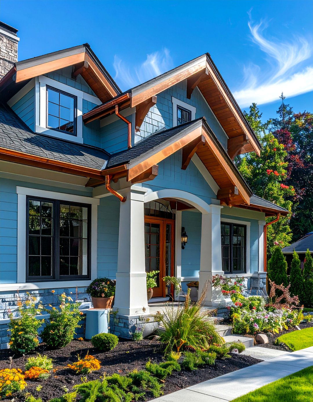 Light Blue Exterior with Copper Gutters and Accents - 25 Light Blue House Exterior Ideas for Curb Appeal