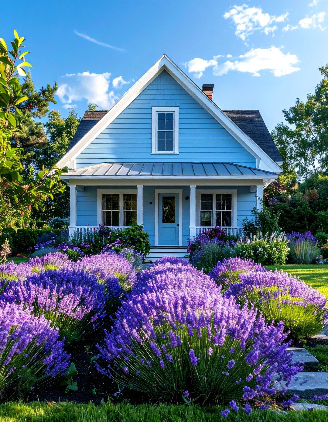 Light Blue Home with Lavender and Purple Landscaping - 25 Light Blue House Exterior Ideas for Curb Appeal