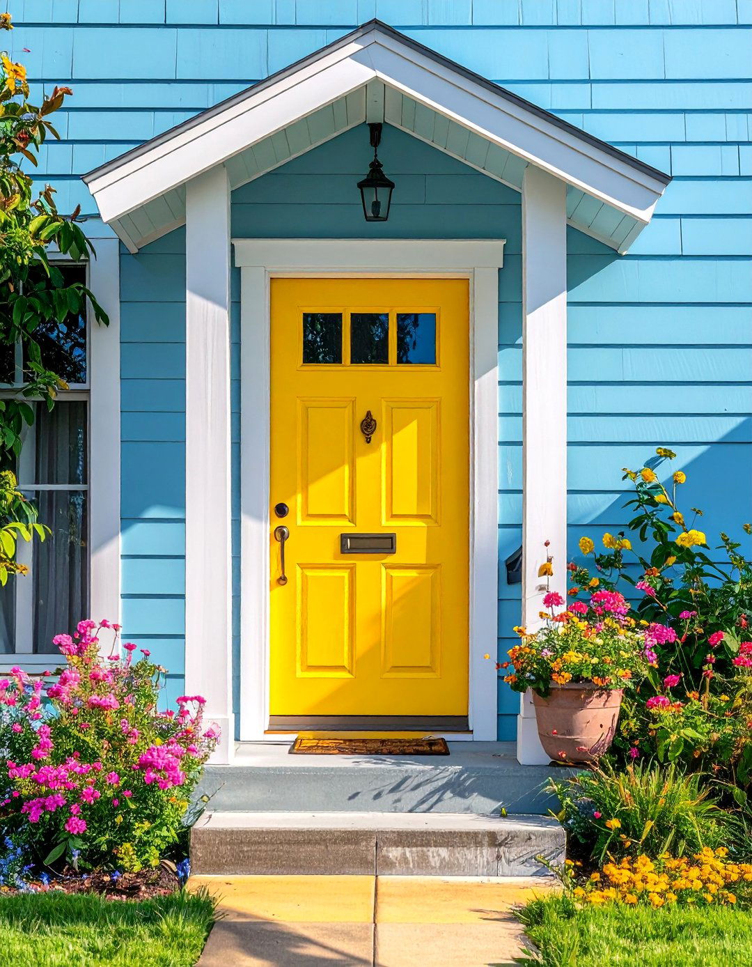 Light Blue House with a Bright Yellow Front Door
