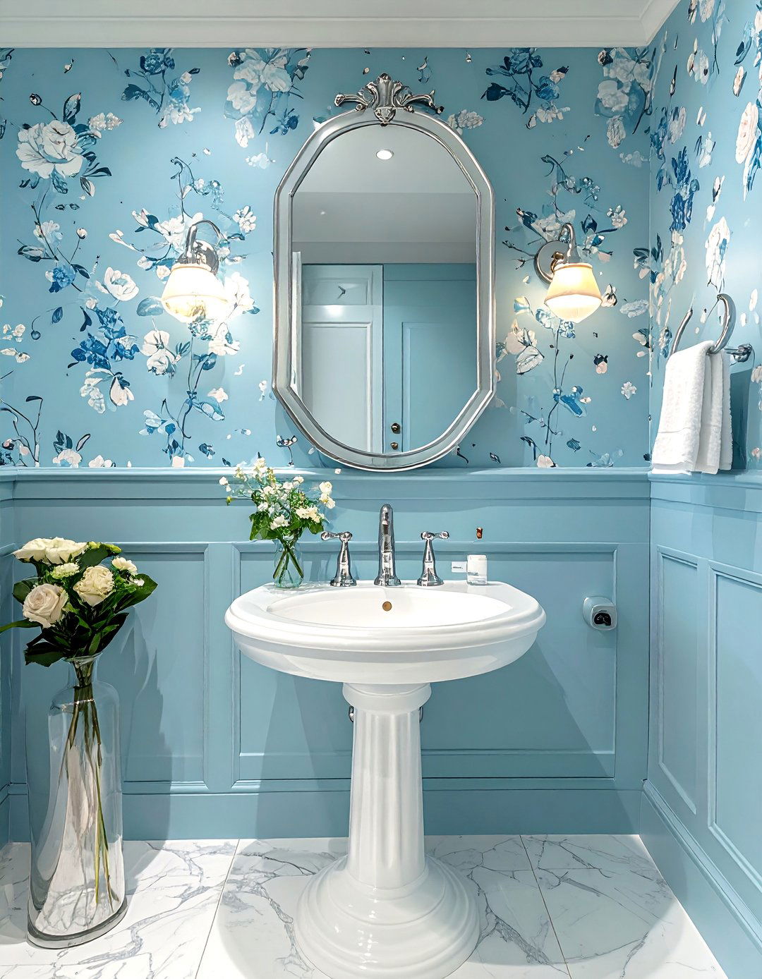 Light Blue Powder Room with Floral Wallpaper - 20 Blue Powder Room Ideas for a Fresh and Serene Space