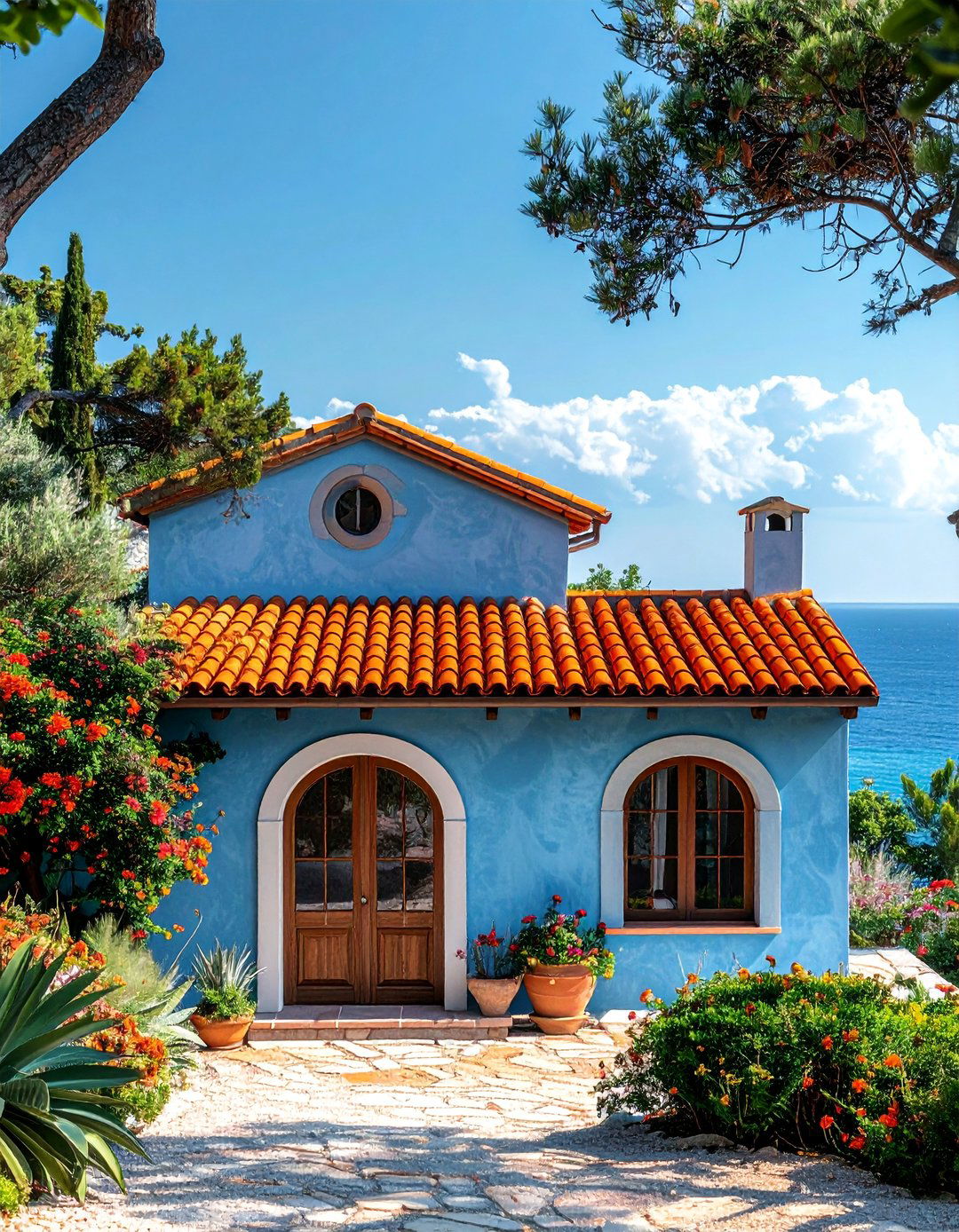 Light Blue Stucco with a Terracotta Roof - 25 Light Blue House Exterior Ideas for Curb Appeal