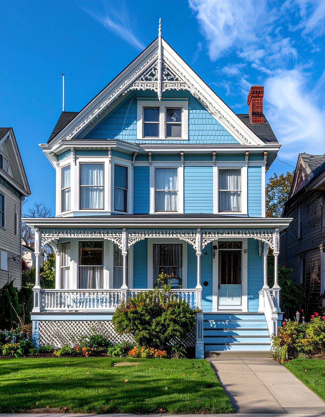 Light Blue Victorian with Intricate White Gingerbread Trim - 25 Light Blue House Exterior Ideas for Curb Appeal