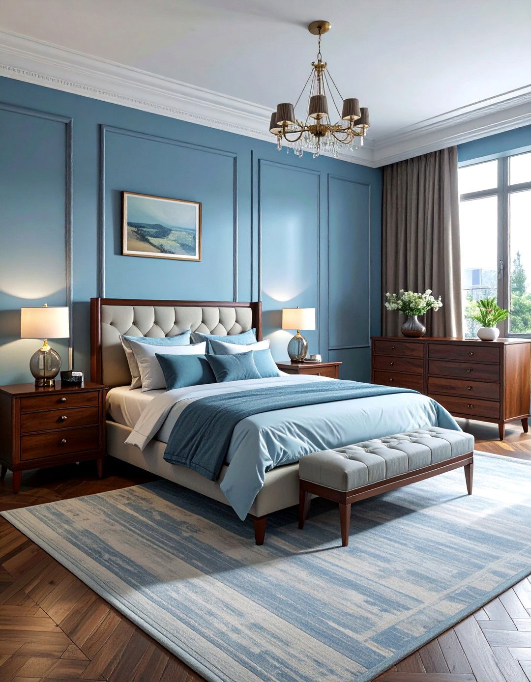 Light Blue Walls Against Dark Walnut Furniture - 25 Light Blue Bedroom Ideas for a Calming Retreat
