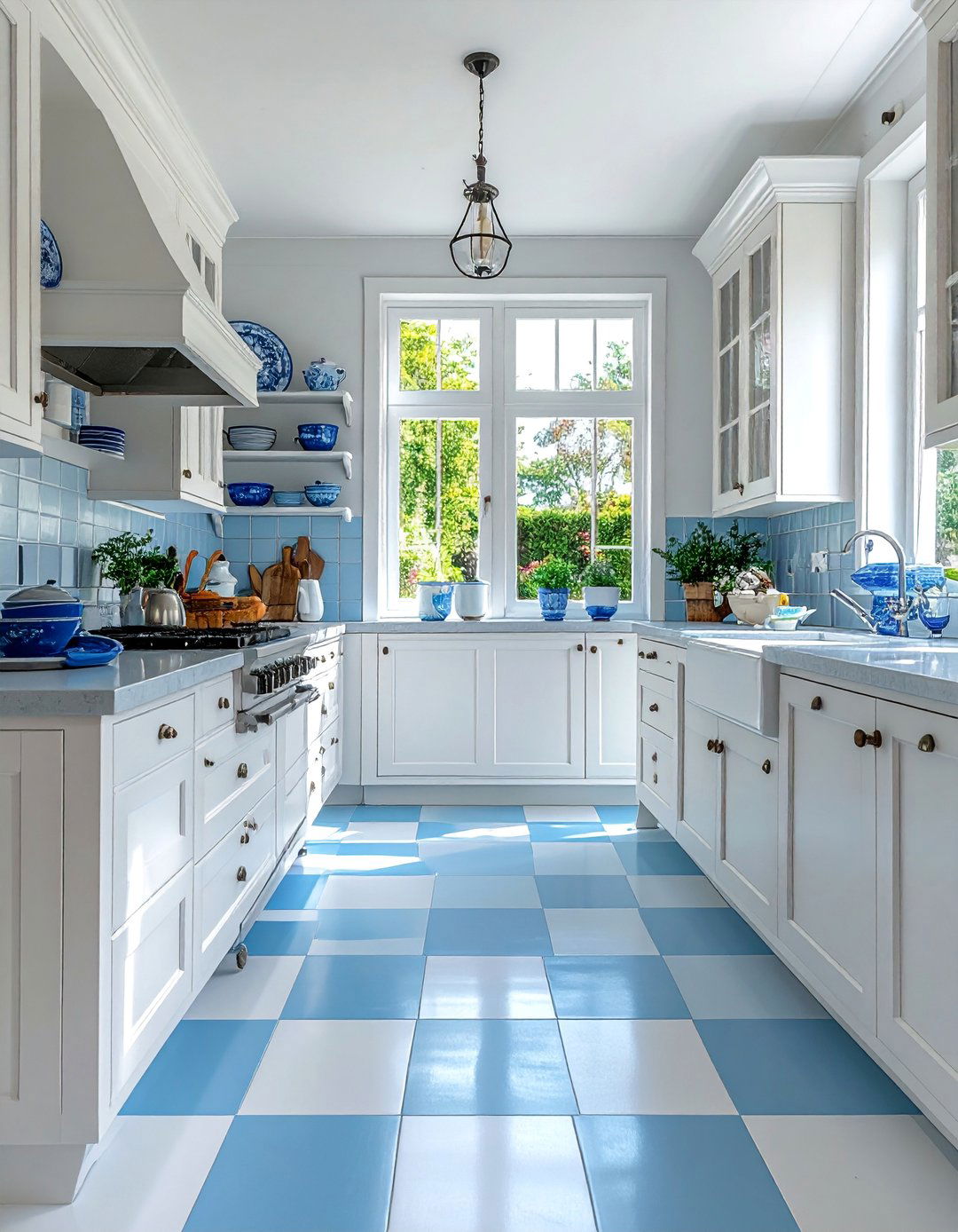 Light Blue and White Cottage Style Checkered Floors - 25 Kitchens With Checkered Floors for Timeless Style