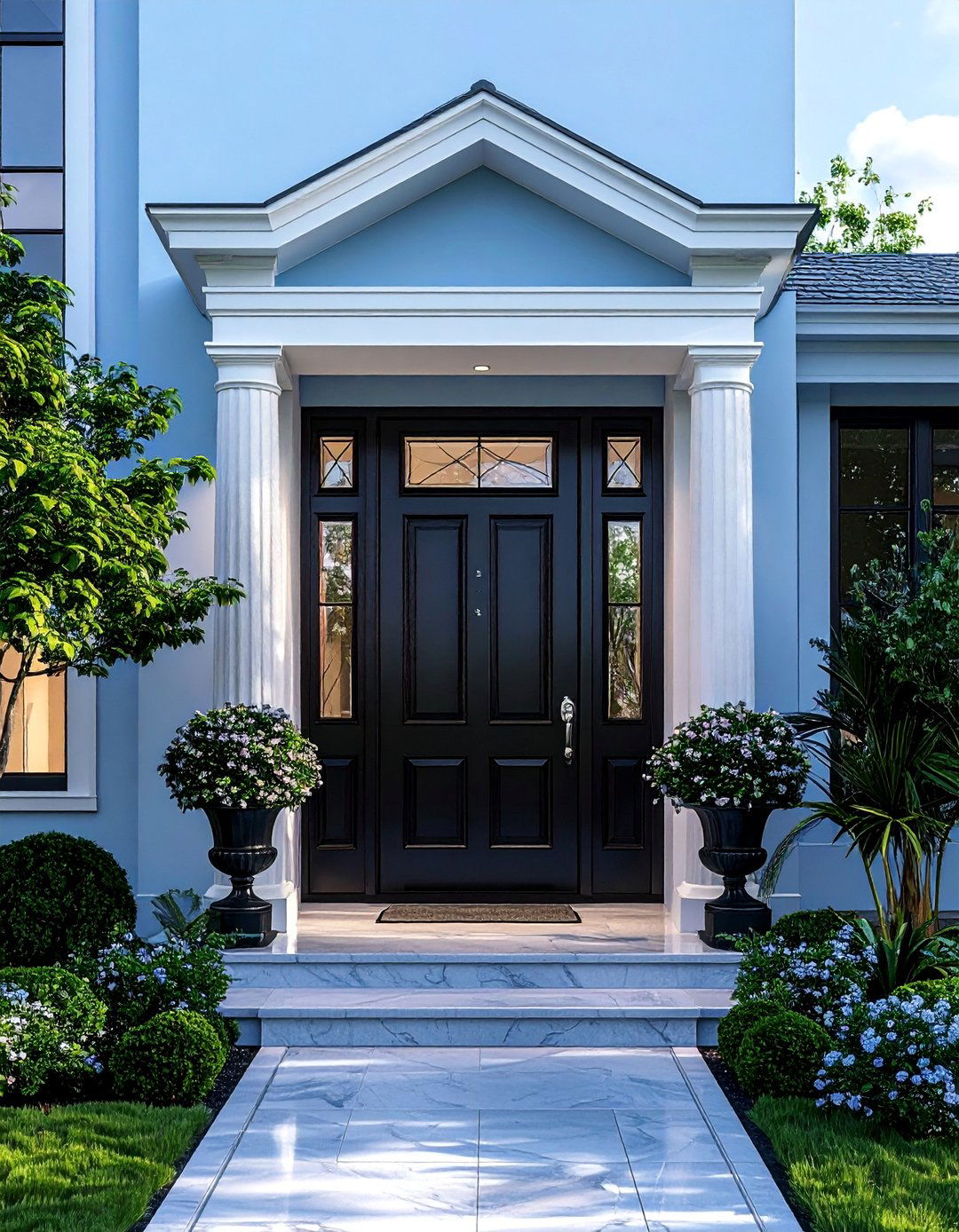 Light Blue with a Glossy Black Front Door - 25 Light Blue House Exterior Ideas for Curb Appeal