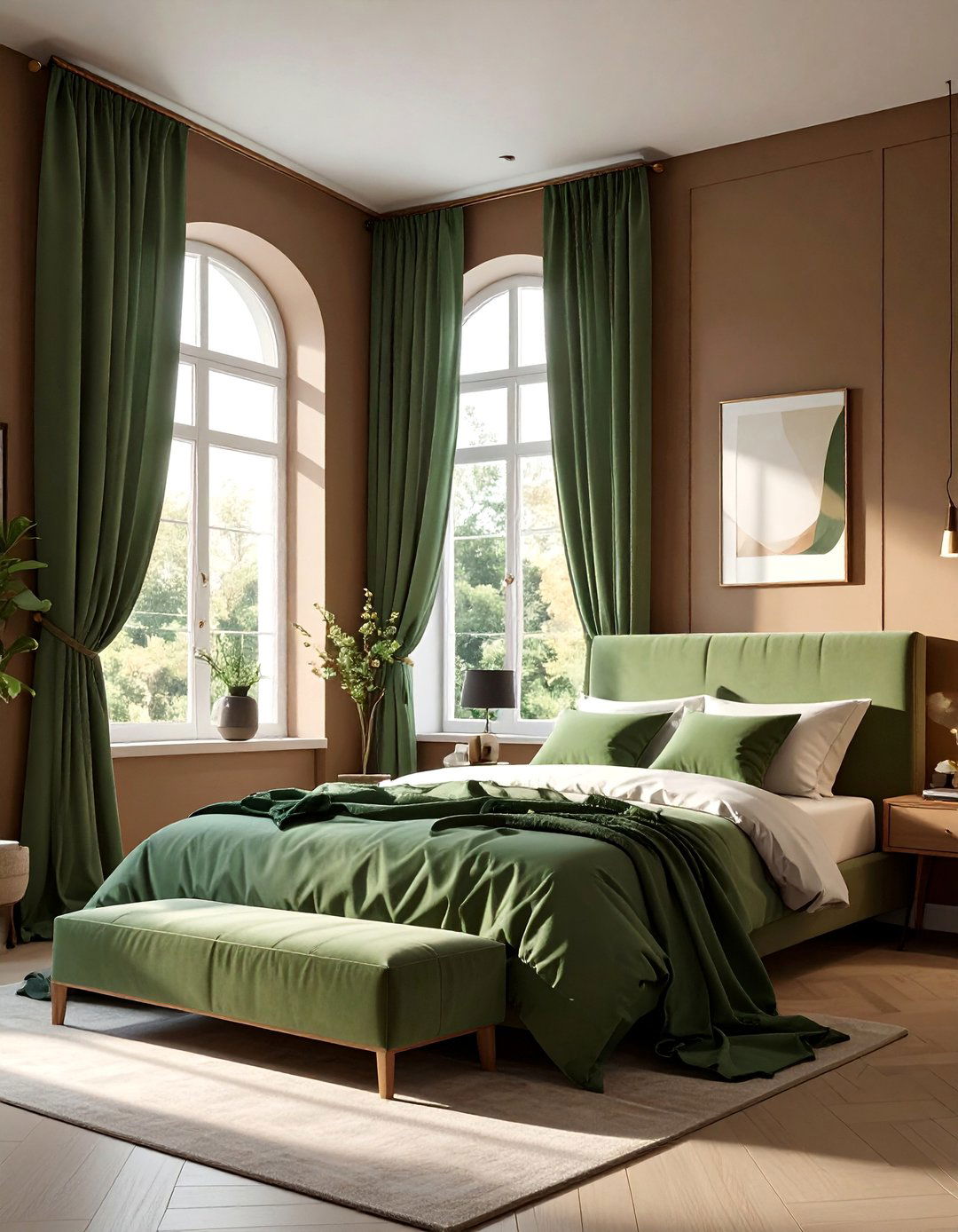 Light Brown Walls with Sage Green Curtains - 20 Green and Brown Bedroom Ideas for a Natural Look