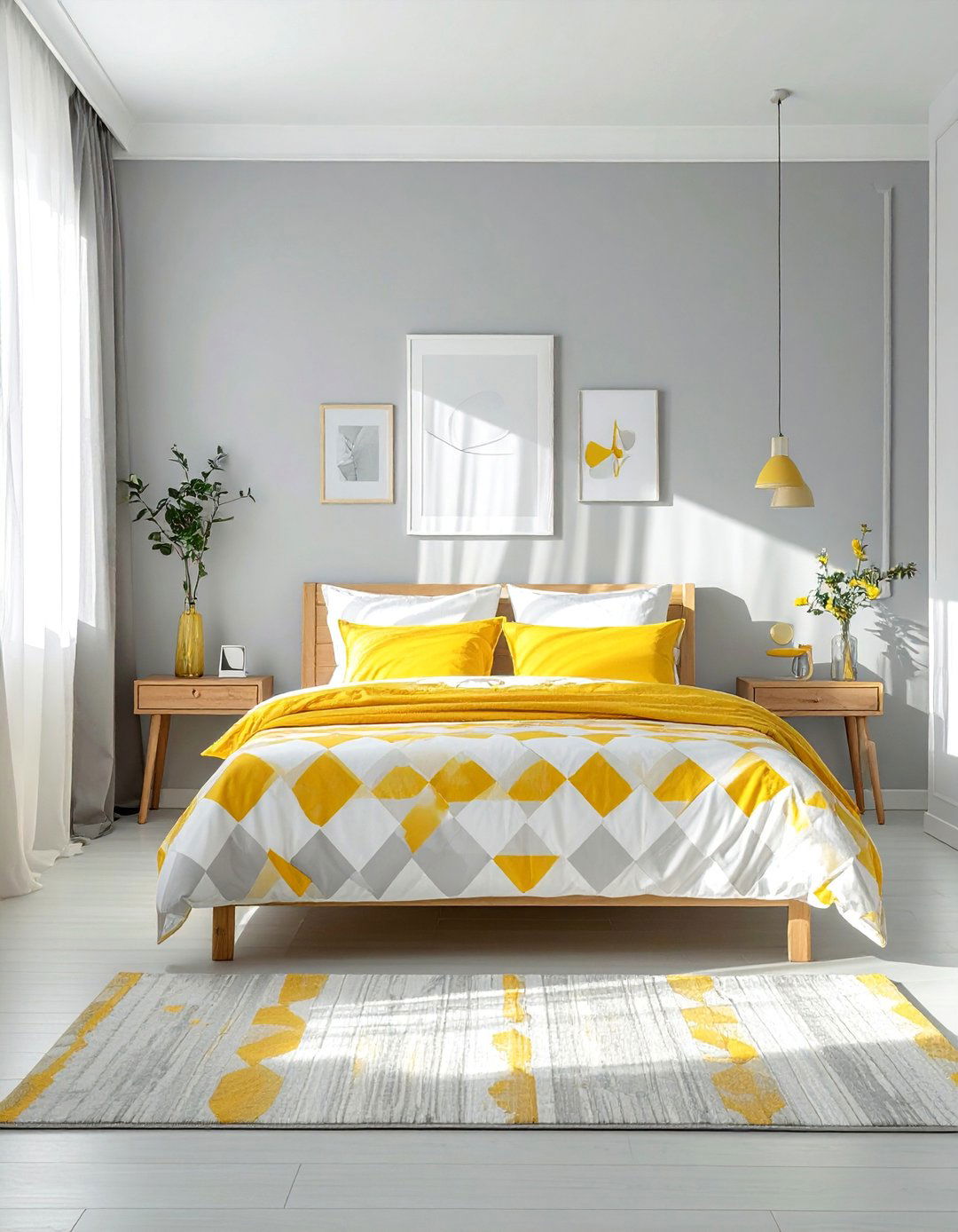Light Grey Bedroom with Yellow Geometric Patterned Bedding - 25 Yellow and Grey Bedroom Ideas for Modern Interiors