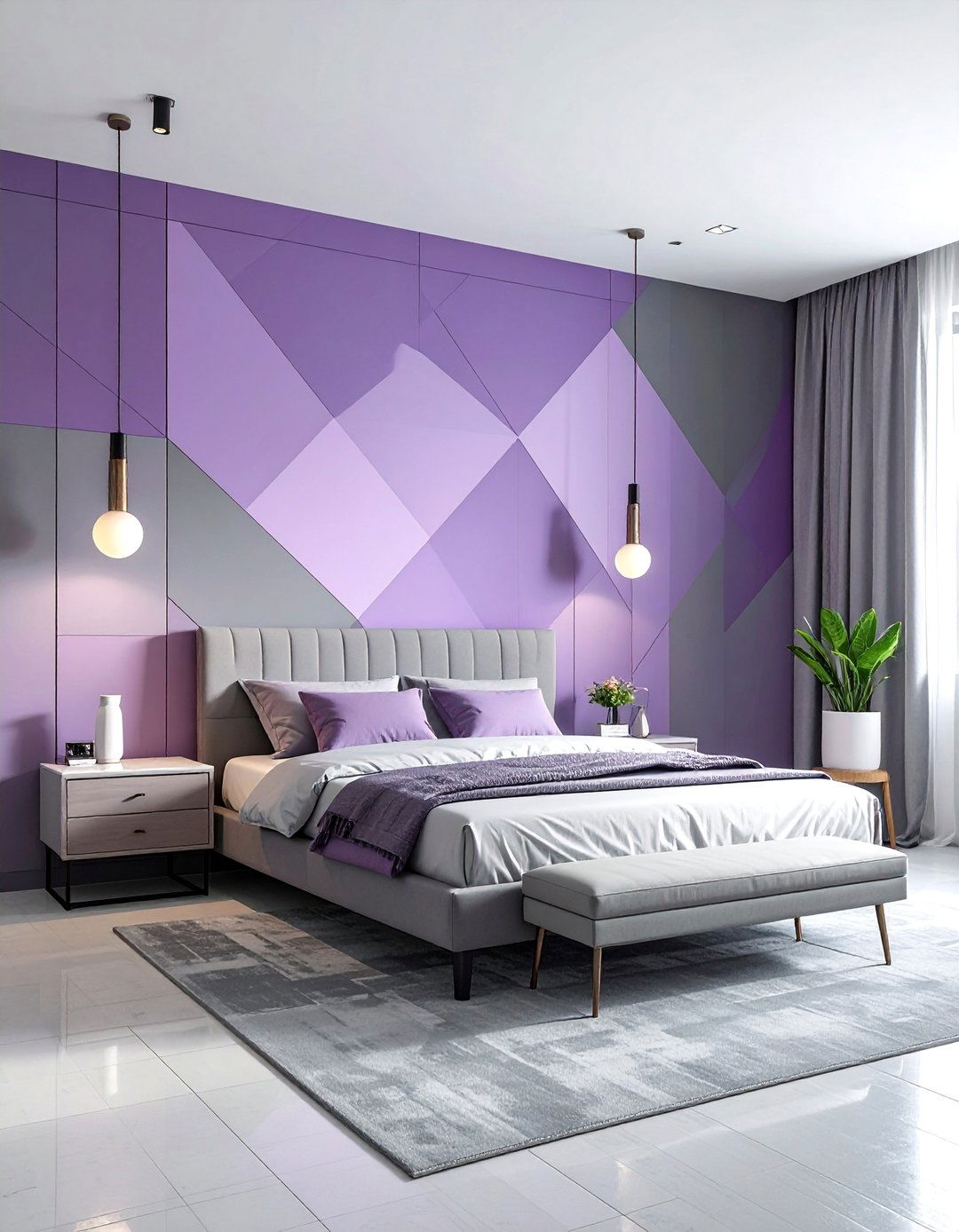 Lilac Bedroom Accent Wall with Geometric Patterns - 15 Lilac Bedroom Ideas for a Soft and Serene Space