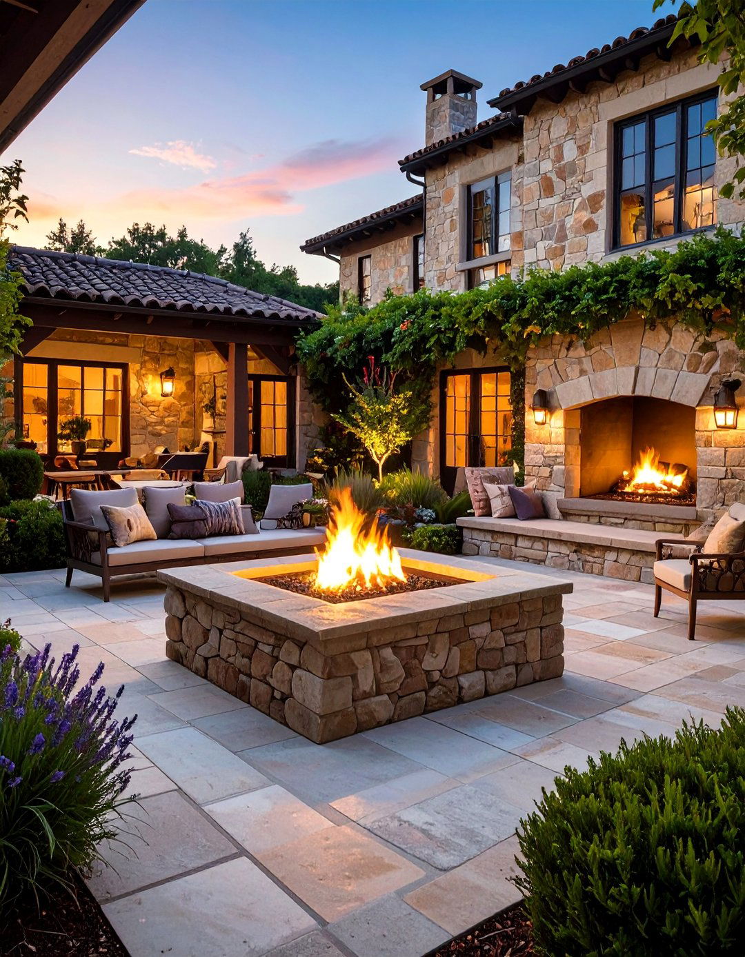 Limestone Courtyard with Corner Fire Nook - 25 Stone Patio with Fire Pit Ideas for Outdoor Fun