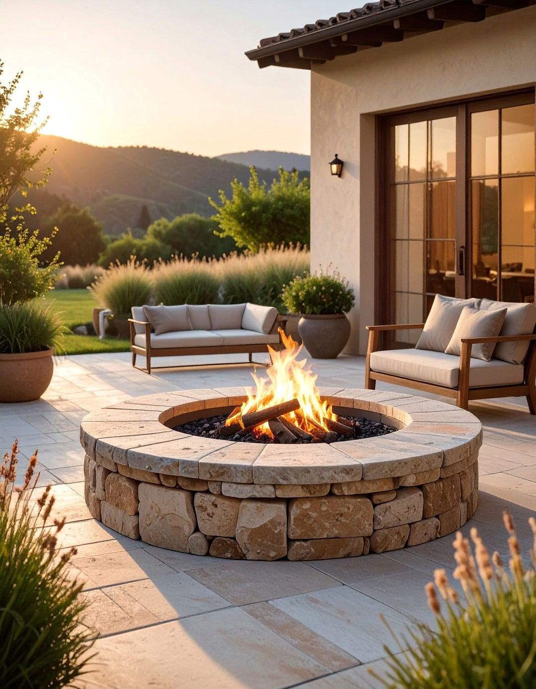 Limestone Patio with Rustic Stone Fire Ring - 25 Stone Patio with Fire Pit Ideas for Outdoor Fun