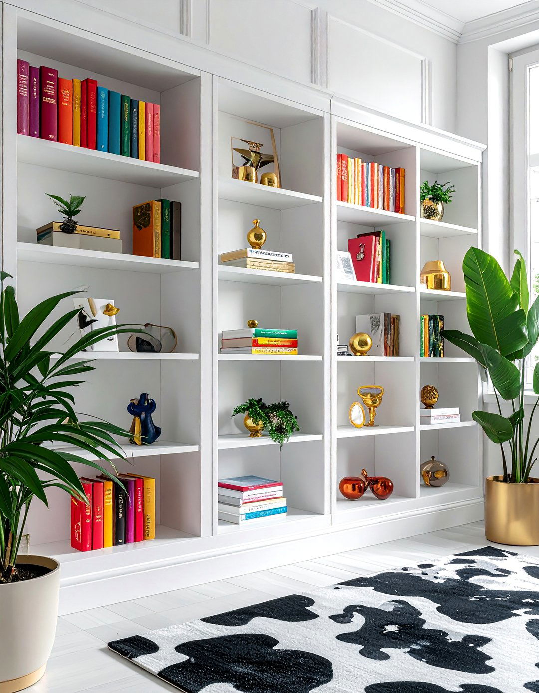 Lined Bookshelves with Cow Print - 15 Cow Print Room Decor Ideas for a Fun and Unique Space